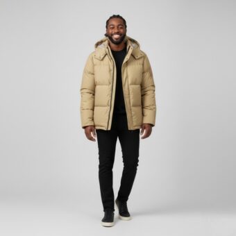 Gekleurde man gekleed in een zwarte broek en een wijd streetwear-jack met beige capuchon op een lichtgrijze achtergrond.