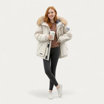 Jonge roodharige vrouw gekleed in een halflange donsjas met gebroken wit bont, gevuld met eendendons op een effen lichtgrijze achtergrond.