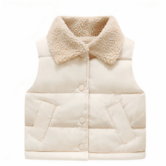 Dit mooie mouwloze donsjack met voering van imitatieschaapsvacht is een beige kindermodel met een witte achtergrond.