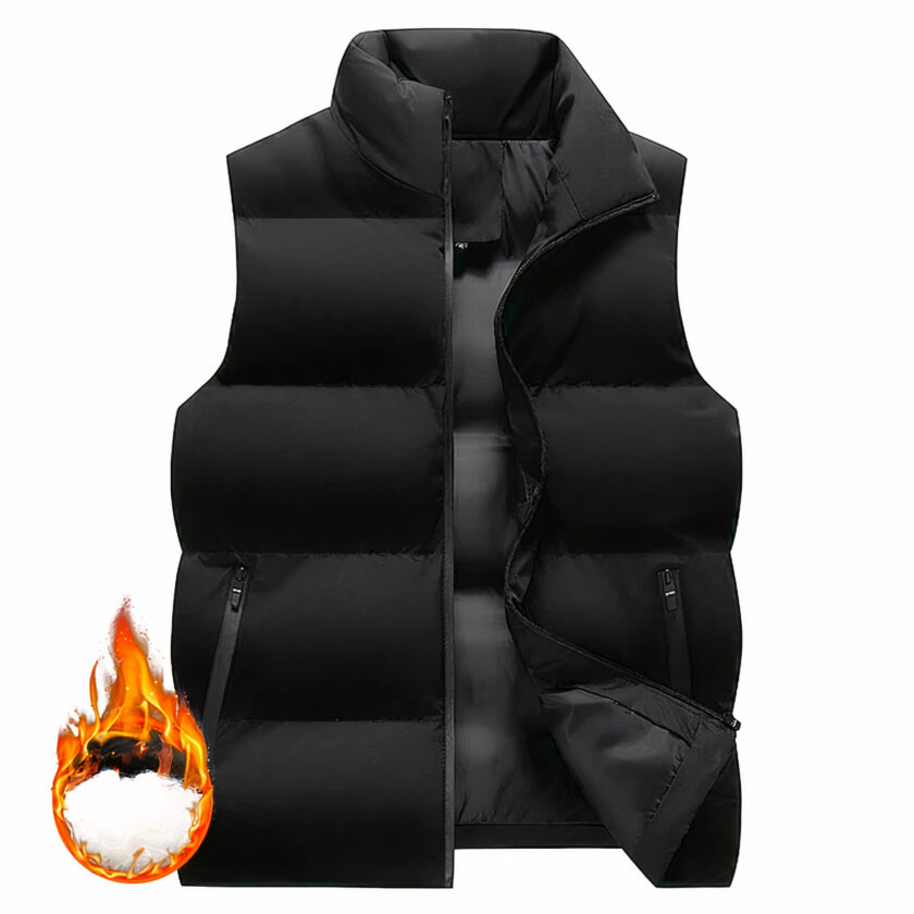 Mouwloos zwart donsjack op een witte achtergrond met een vuurcirkel links onderaan het jack