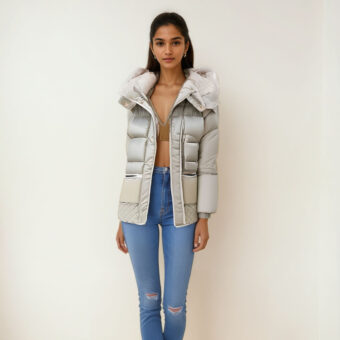 Een brunette vrouw met een blauwe spijkerbroek, een bruin topje en een beige halflange jas met capuchon en zijzakken, staat met haar rug naar een beige muur.