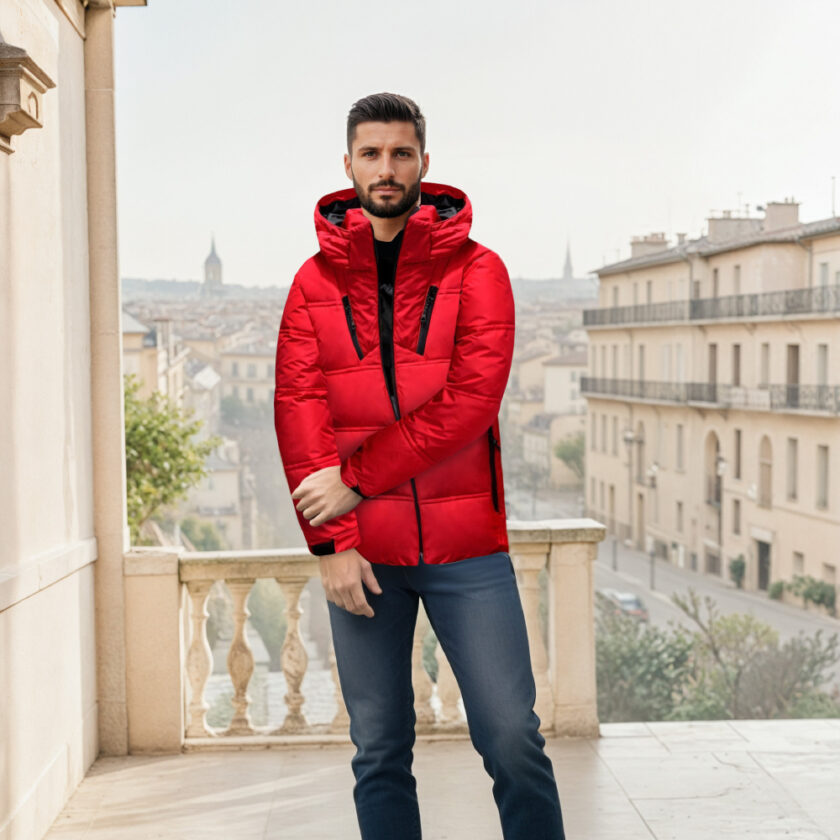 Donkerharige man staat op een terras in de stad en draagt een blauwe spijkerbroek en een rode gewatteerde jas met capuchon. Op de achtergrond zien we een gebouw in Parijse stijl.