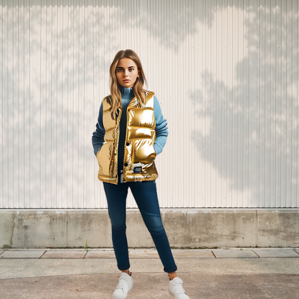Een jonge blonde vrouw draagt het goudkleurige mouwloze donsjack voor vrouwen en staat op straat.
