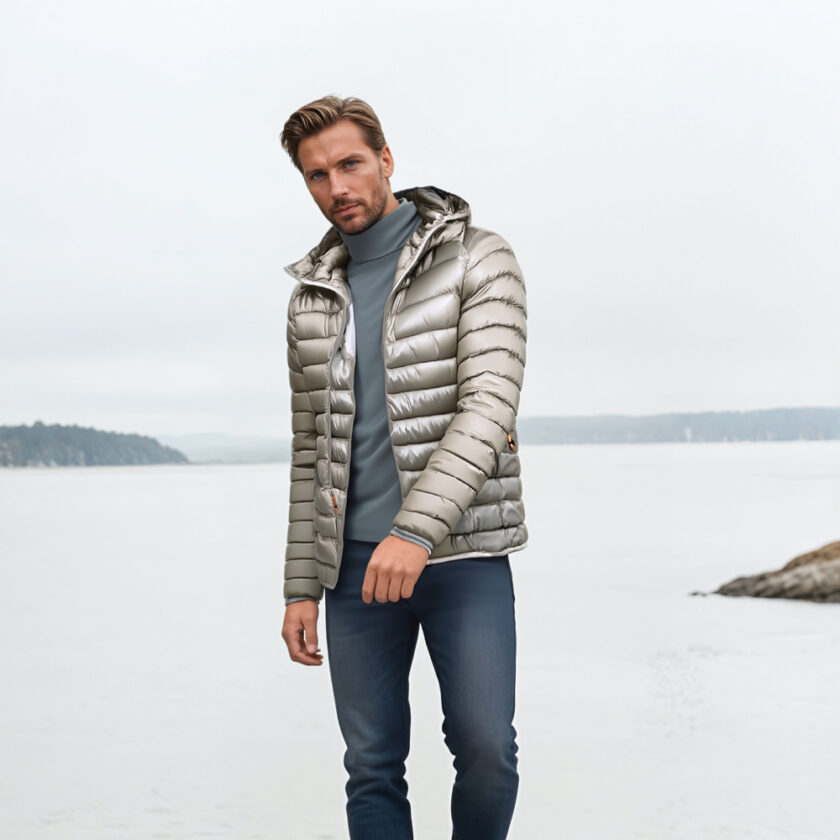 Man staat met zijn rug naar het water, draagt een blauwe spijkerbroek, een grijs topje en een dun, licht, kort donsjack met een beige capuchon.