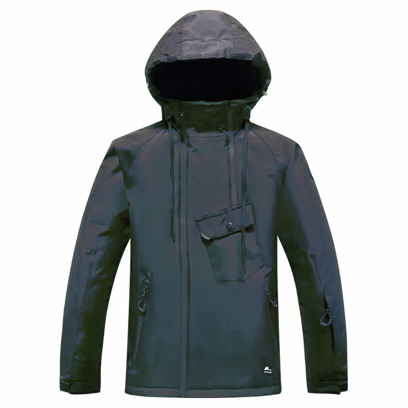 Warme zwarte ski-jas op een witte achtergrond.