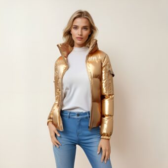 Blondharige vrouw met haar rug naar een beige muur, draagt een blauwe skinny jeans, een wit topje en een glanzend, gewatteerd donsjack met een gouden capuchon die aan de voorkant open is.