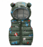 Grijs mouwloos donsjack voor kinderen met dinosaurusmotief en capuchon met teddyberenoren.