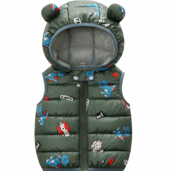 Grijs mouwloos donsjack voor kinderen met dinosaurusmotief en capuchon met teddyberenoren.