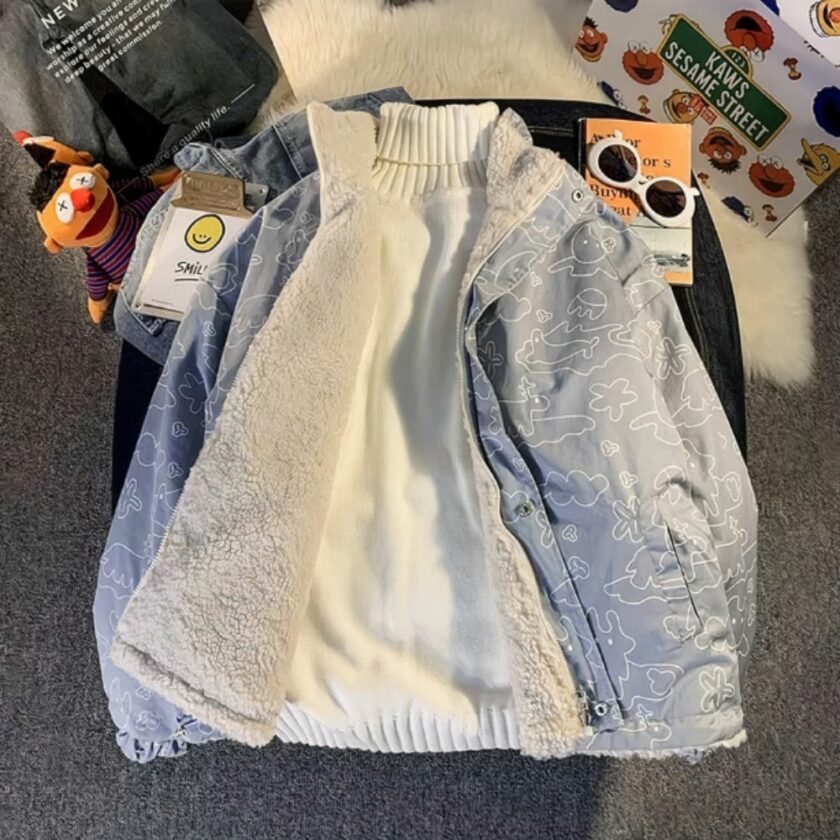 Omkeerbaar groot fleecejack voor dames, in de blauwe versie, op een houten meubelstuk met spulletjes er omheen.