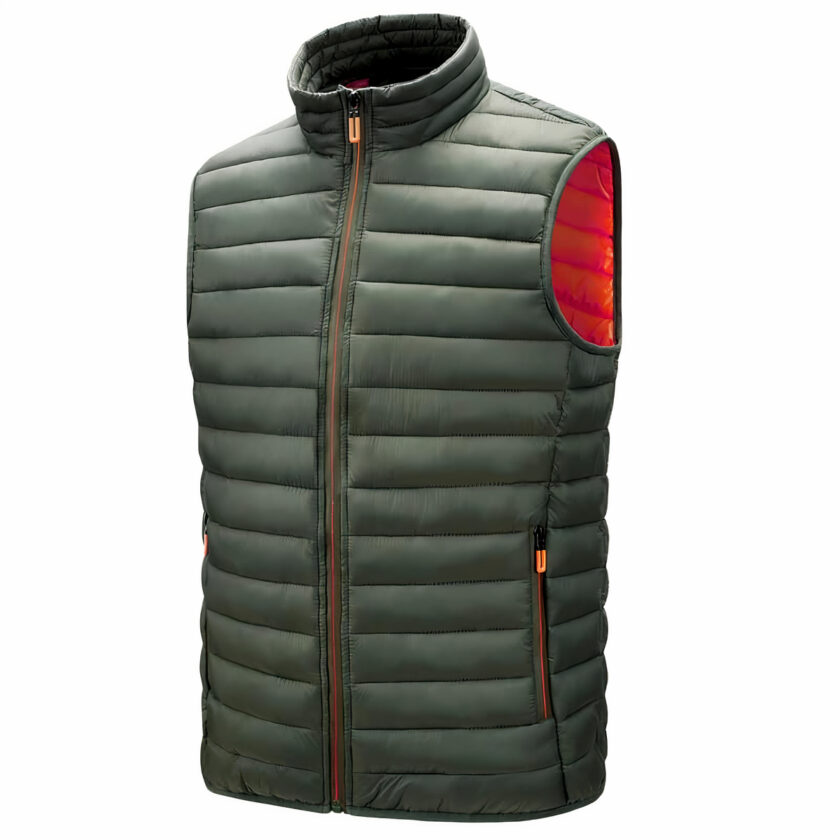 Op een witte achtergrond, een mouwloos, slim-fit kaki gewatteerd donsjack met oranje kraag en binnenvoering.