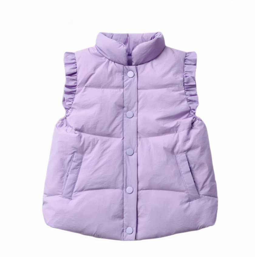 Paars mouwloos donsjack voor meisjes Prachtig paars mouwloos donsjack met drukknopen. De schouders zijn gerimpeld. Het kledingstuk wordt gepresenteerd op een witte achtergrond.