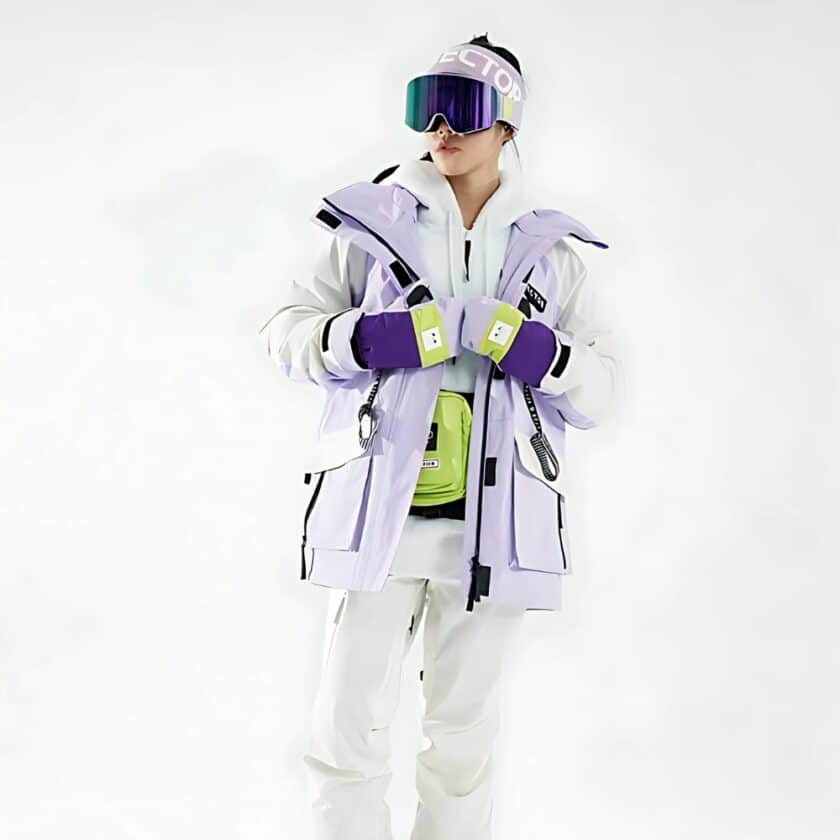 Vrouw in ski-outfit met paarse ski-jas, paarse muts en paarse skibril.
