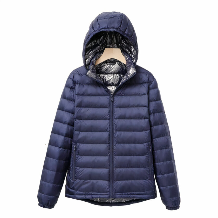 Marineblauwe lichtgewicht jas met capuchon op een hanger