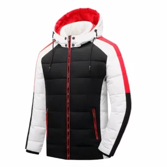 Driekleurig voetbaljack met witte kraag en capuchon, zwarte borst, witte mouwen en rode streep op de schouders en binnenkant van de capuchon.