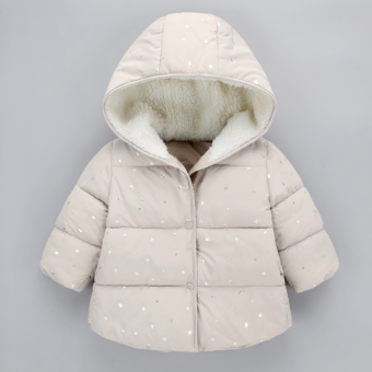 Dit beige donsjack met capuchon is volledig gevoerd met fleece en heeft glanzende zilveren sterrenmotieven.