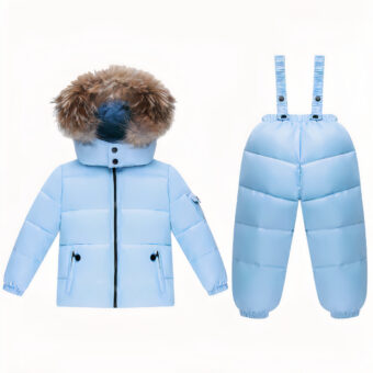 Warm donsjack, jas en broek voor jongens in blauw.