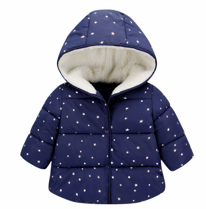 Warme marineblauwe fleece gevoerde jas Een mooie donkerblauwe donsjas met een witte fleece voering en zilveren sterren.