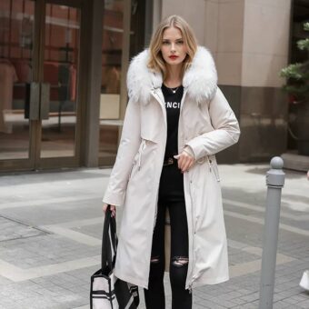 Donkerharige vrouw met halflang haar, staand in een straat met een gebouw op de achtergrond. Ze draagt een strakke zwarte broek, een zwart topje en een grote witte donzen jas met een capuchon van imitatiebont in dezelfde kleur.
