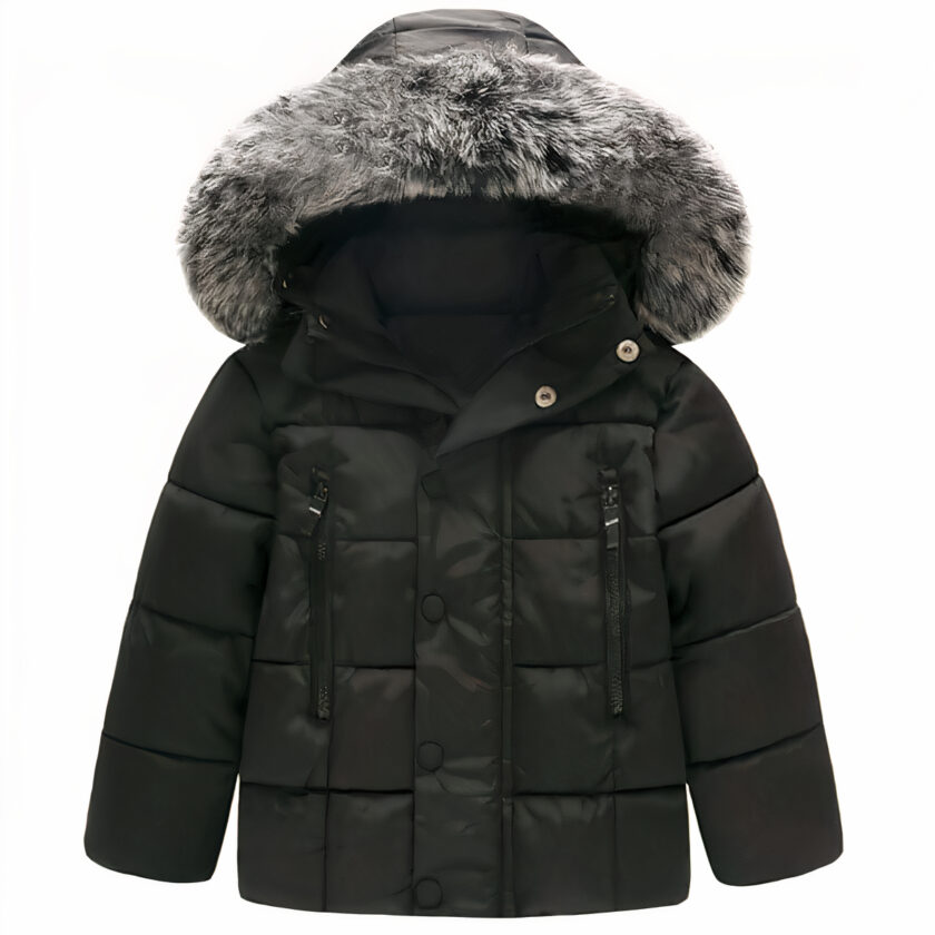 Zwart donsjack voor kinderen.