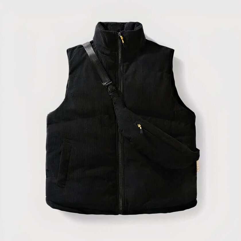 Mouwloos corduroy jack Dit is een mooi zwart mouwloos donsjack op een grijze achtergrond, in ribfluweel.