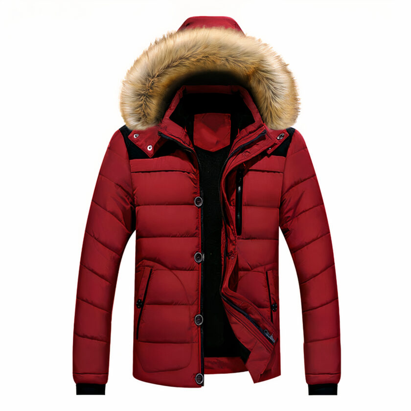 Rood donsjack met bontmuts op een witte achtergrond.