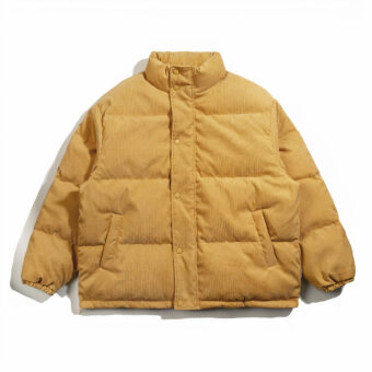 Een mosterdgeel corduroy donsjack op een witte achtergrond - het is een prachtig donsjack, origineel en chique!