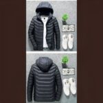 Verwarmd herenjack met opstaande kraag, zwart, met grijs en bruin kleurverloop.