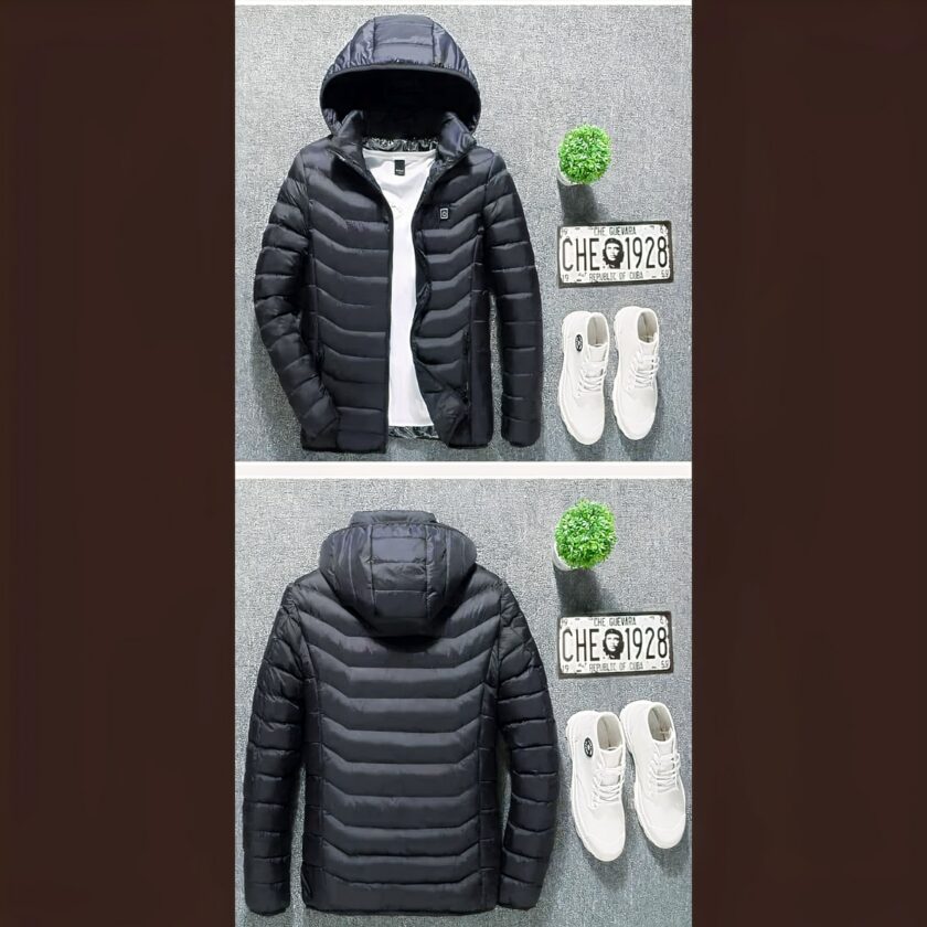 Verwarmd herenjack met opstaande kraag, zwart, met grijs en bruin kleurverloop.