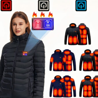 Zwart elektrisch verwarmd donsjack voor dames met witte achtergrond