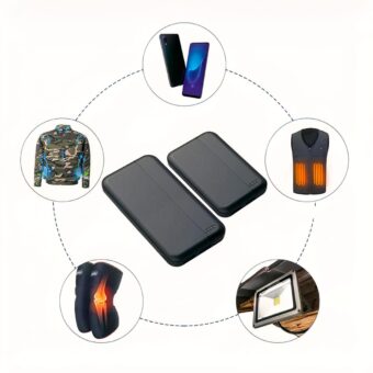 Kleine externe batterij met verwarmingsmantel, op een witte achtergrond.