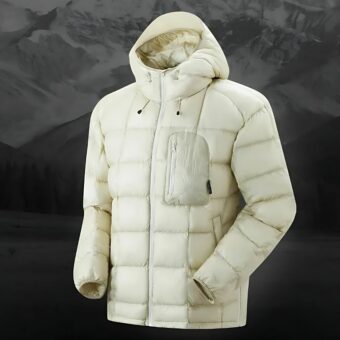 Donsjack voor heren met extreme kou - Afbeelding van een lichtgekleurd technisch donsjack voor heren, met capuchon en borstzak met rits, ontworpen om temperaturen onder het vriespunt in de bergen aan te kunnen.