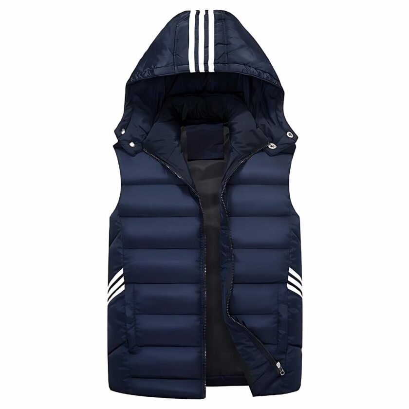 Mouwloos gewatteerd jack met capuchon voor heren op een witte achtergrond.