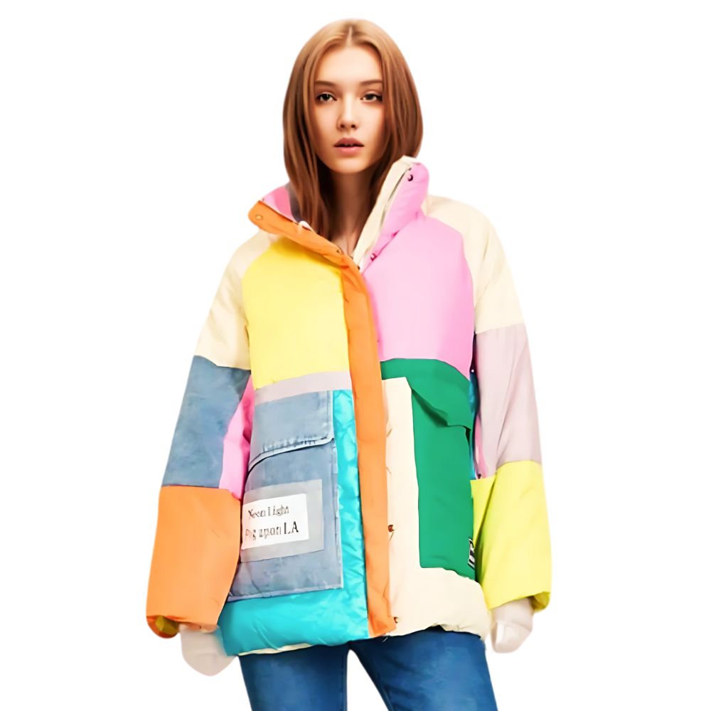Kleurrijk patchwork oversized gewatteerd jack - Afbeelding 2