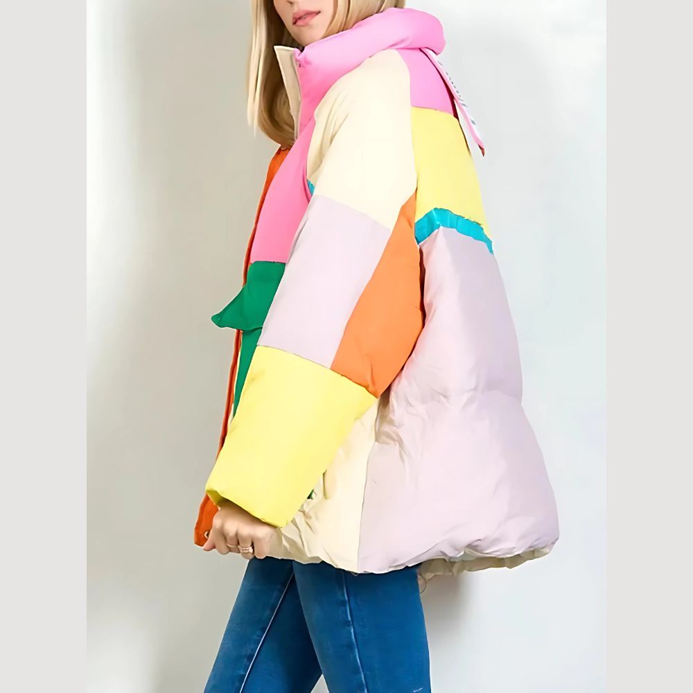 Kleurrijk patchwork oversized gewatteerd jack - Afbeelding 3